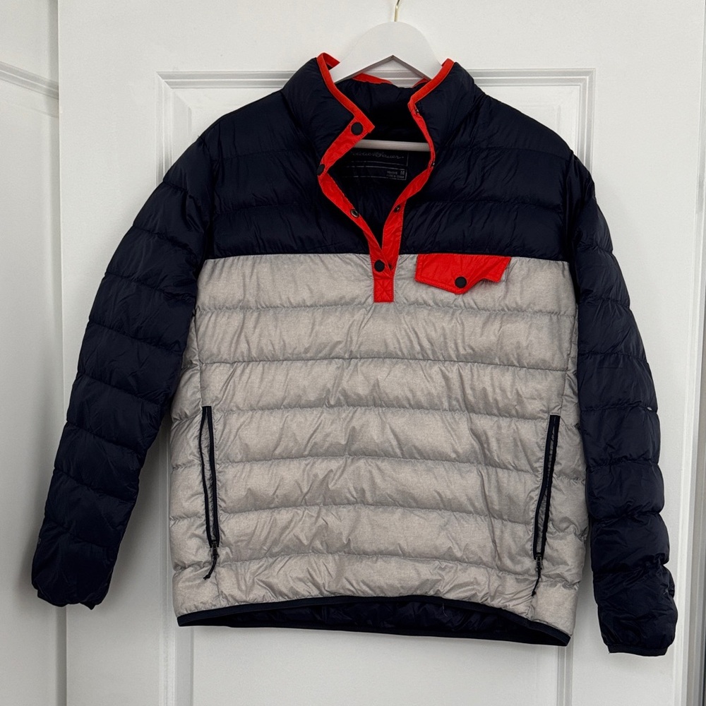 Eddie Bauer: Navy and Gray Quilted Pullover with Red Accents
